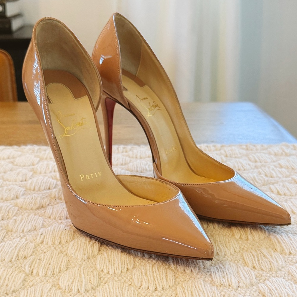 Christian Louboutin Iriza 100mm Nude Patent Leather Heels | Size 38
